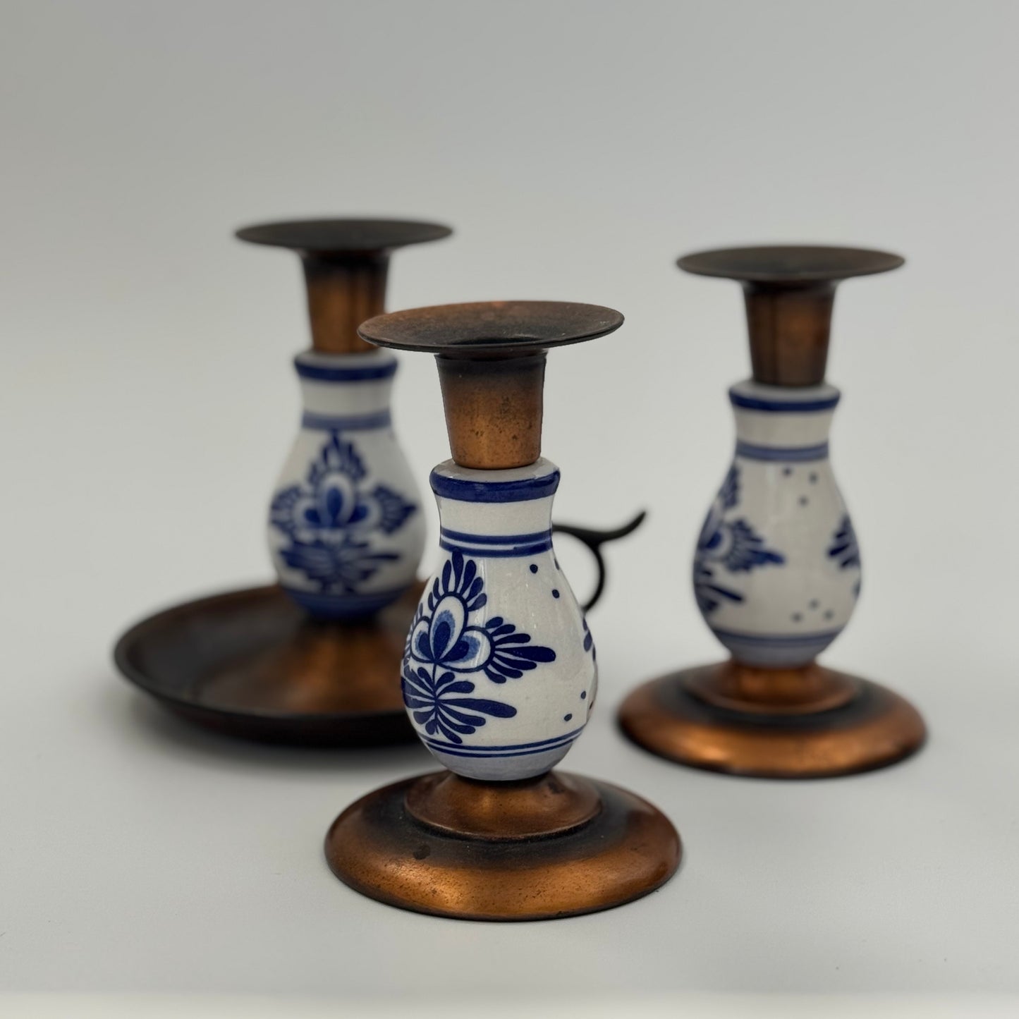 Vintage Copper & Porcelain Candlestick Trio