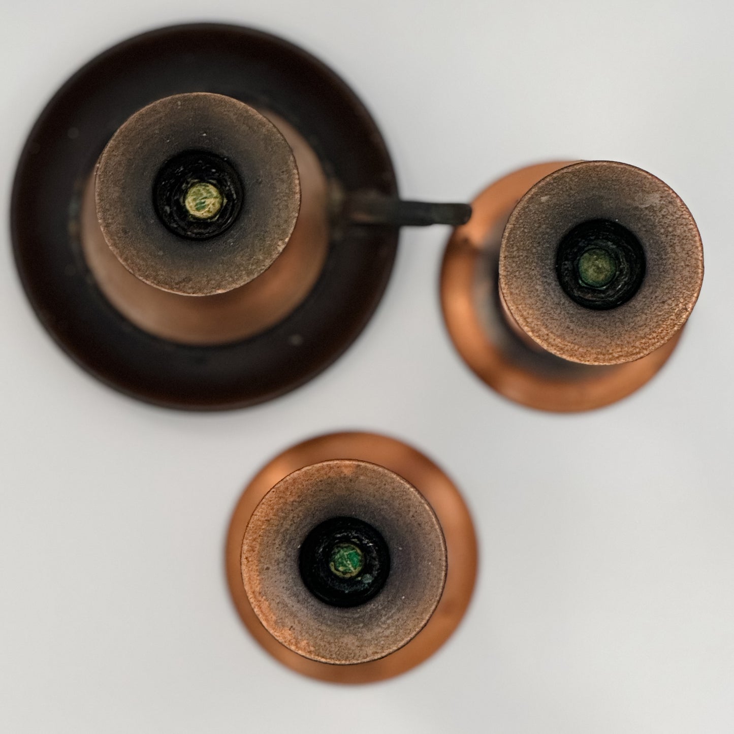 Vintage Copper & Porcelain Candlestick Trio