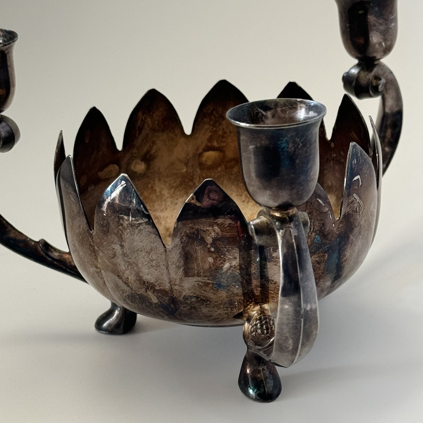Vintage Silver-Plated Leonard Lotus Tri-Candleholder