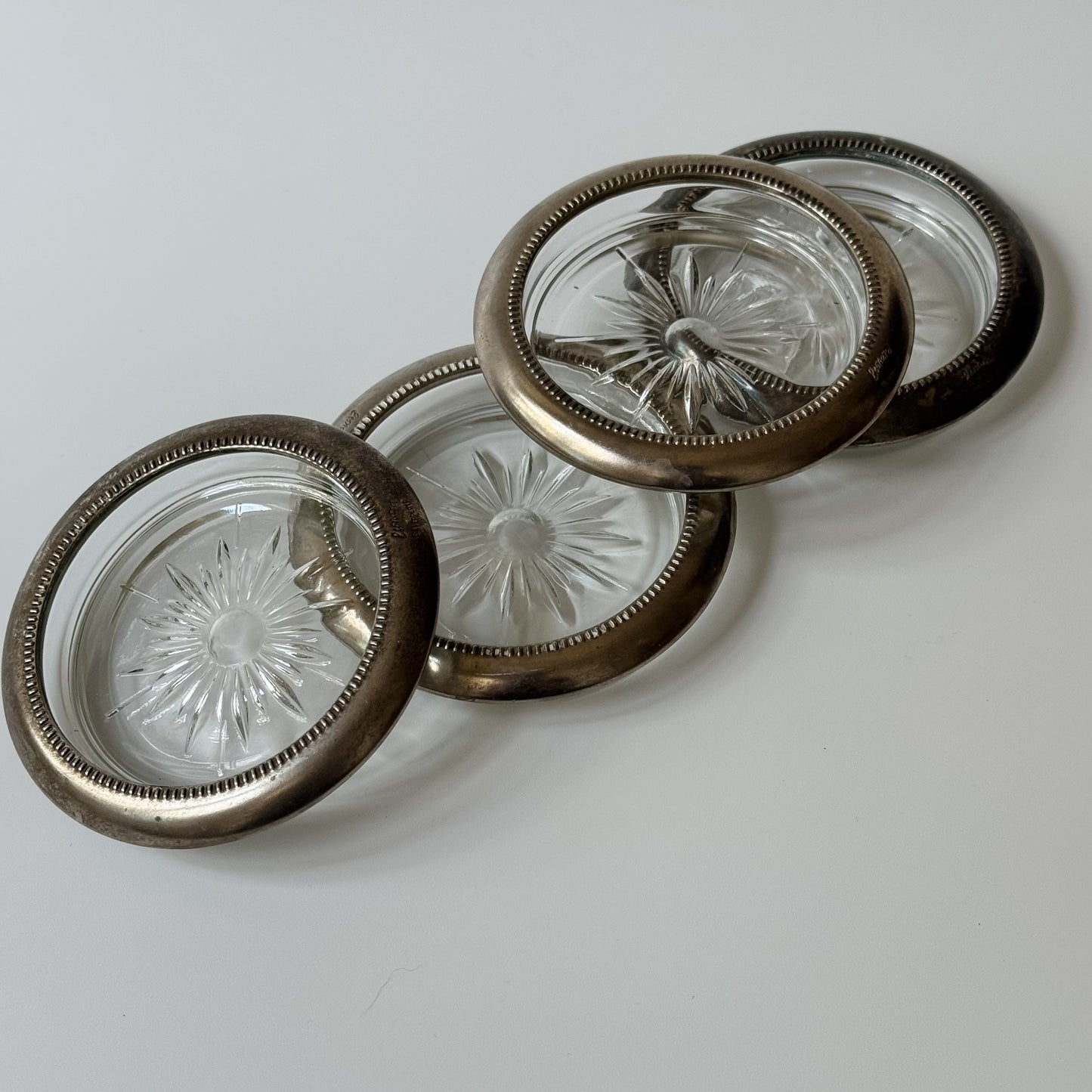 Vintage Silver & Etched Glass Coasters | Set of 4