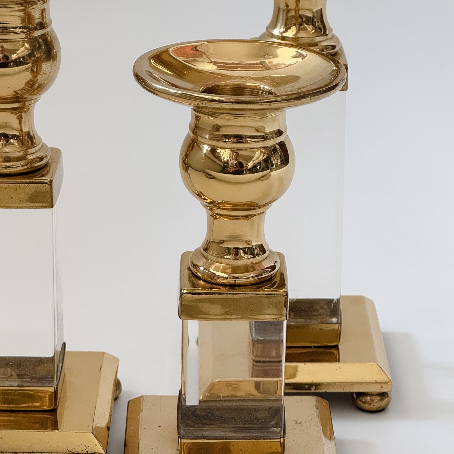 Vintage Lucite & Brass Candlestick Trio