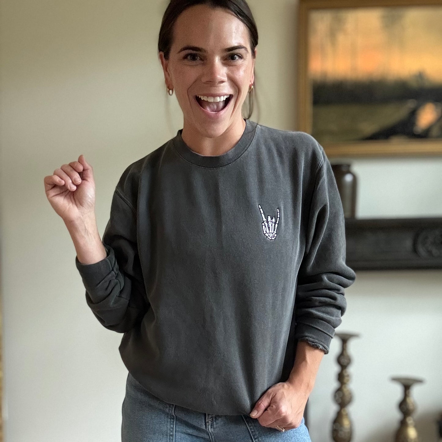 Skeleton Hand Embroidered Crew | Charcoal