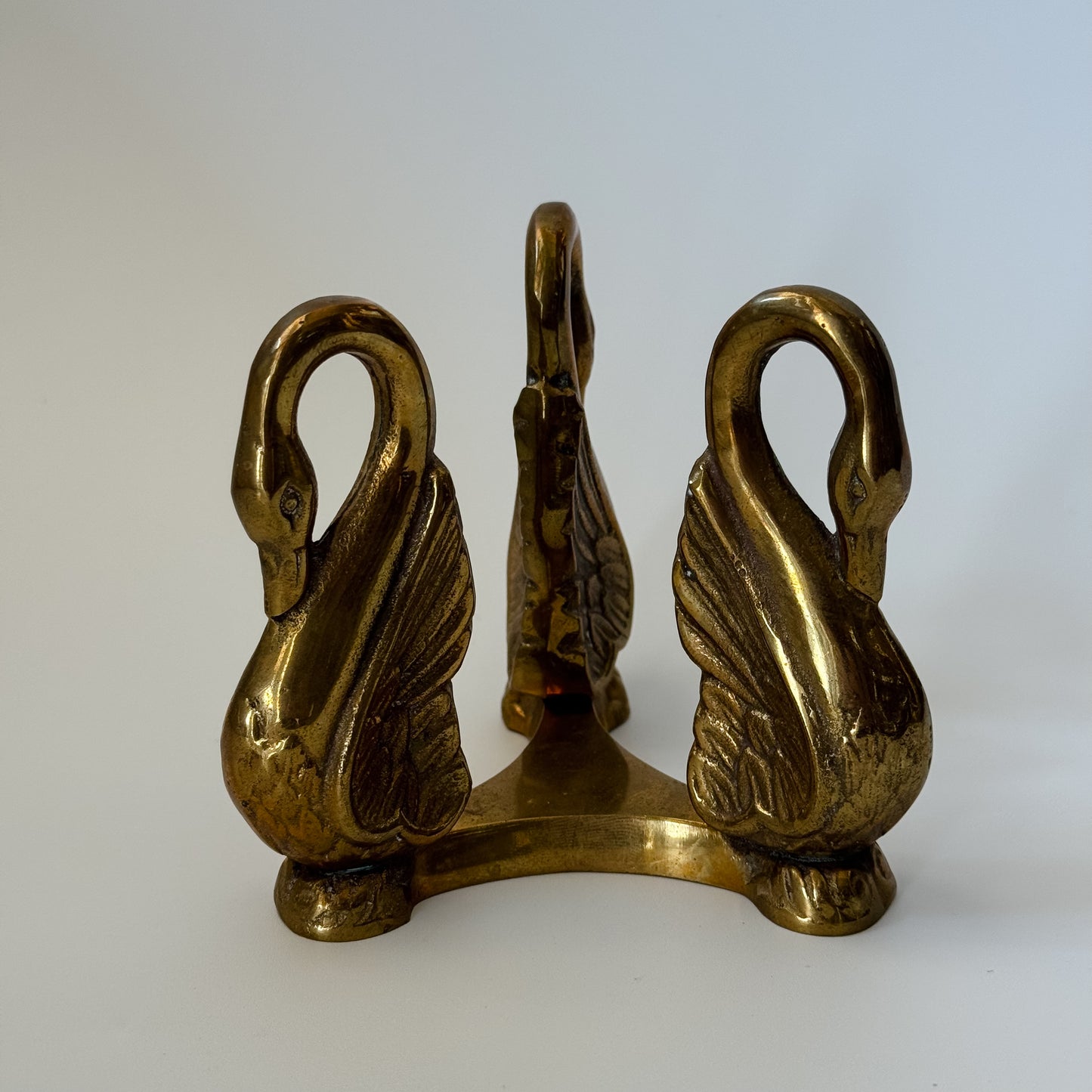 Vintage Solid Brass Trio Swan Paperweight & Holder