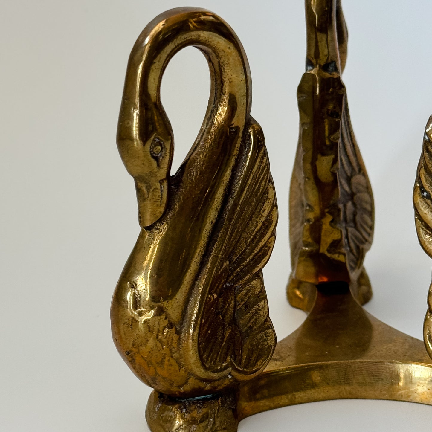 Vintage Solid Brass Trio Swan Paperweight & Holder