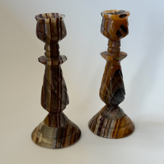 Vintage Carved Onyx Candlesticks | Set of 2