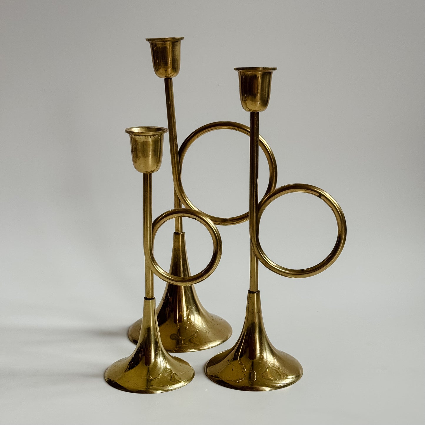 Vintage Brass Trumpet Candlestick Trio
