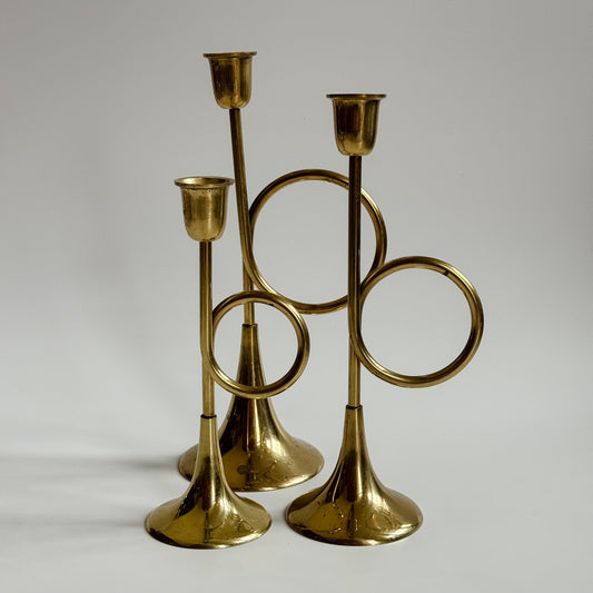 Vintage Brass Trumpet Candlestick Trio