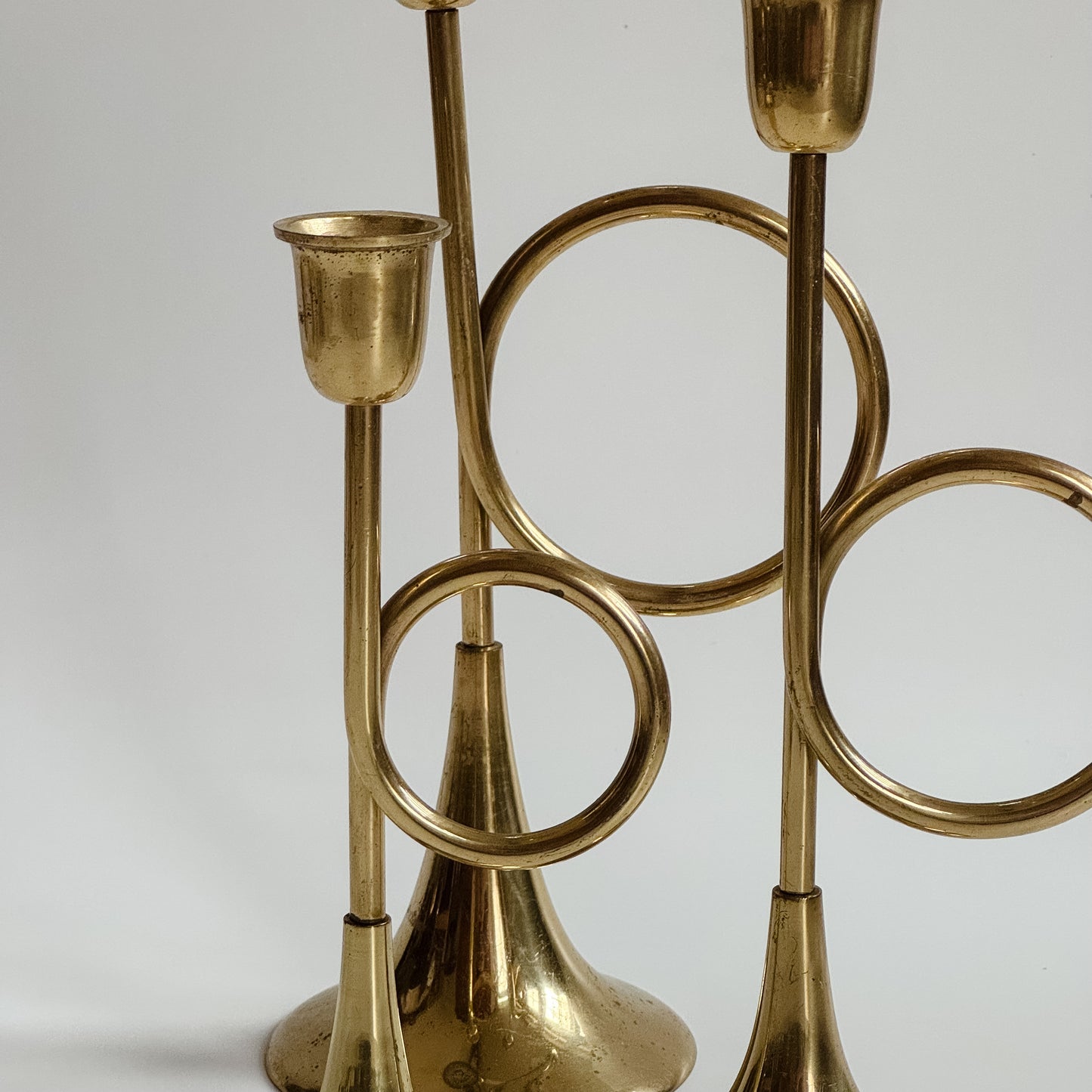 Vintage Brass Trumpet Candlestick Trio