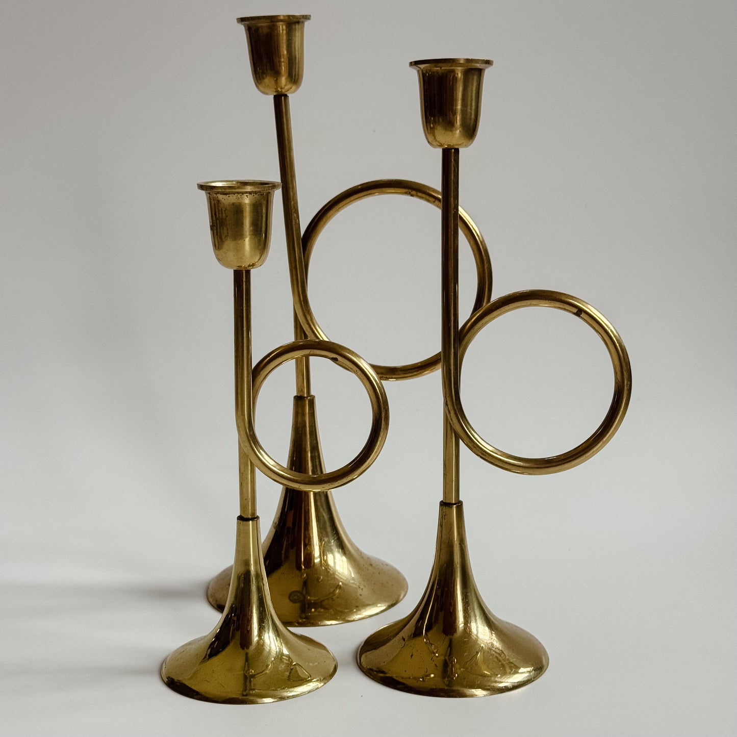 Vintage Brass Trumpet Candlestick Trio