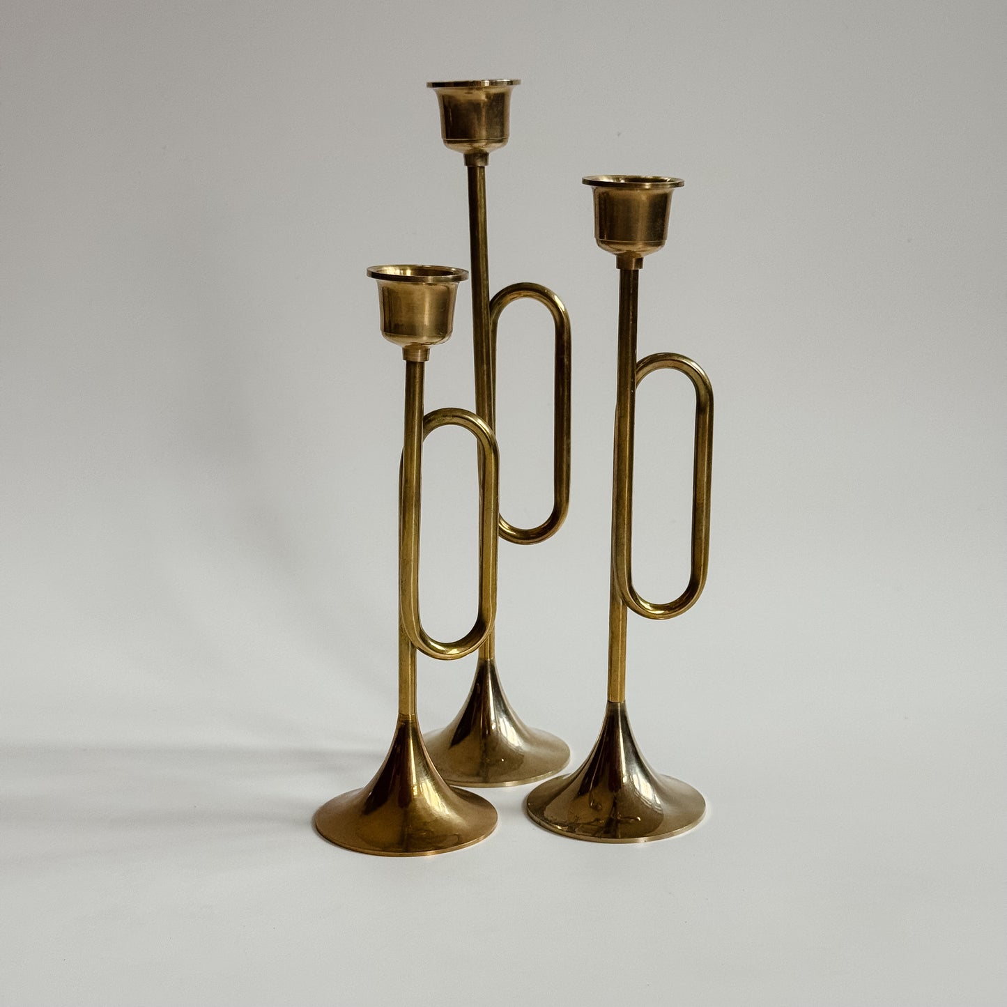 Vintage Solid Brass Horn Candlesticks | Set of 3