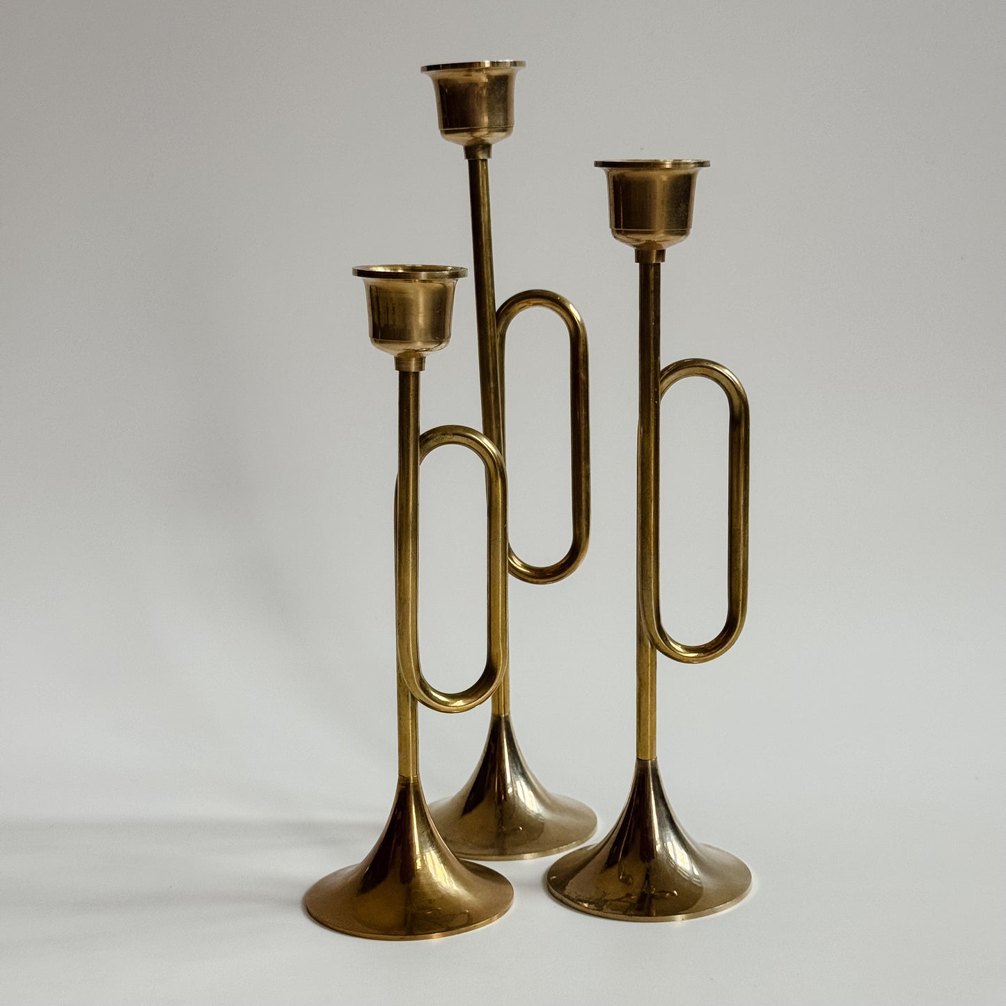Vintage Solid Brass Horn Candlesticks | Set of 3
