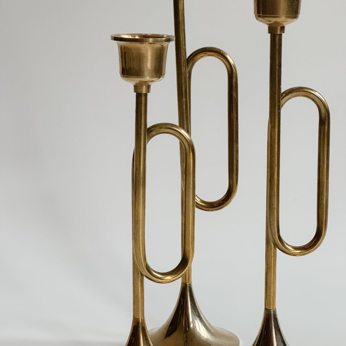 Vintage Solid Brass Horn Candlesticks | Set of 3