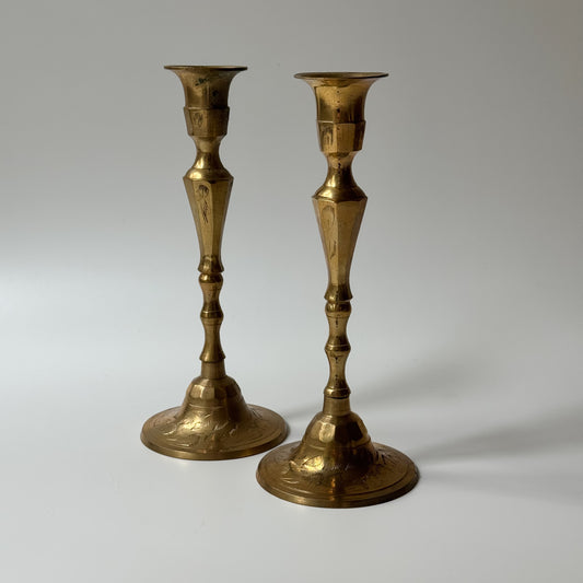 Vintage Mid-Century Etched Brass Candlesticks | Set of 2