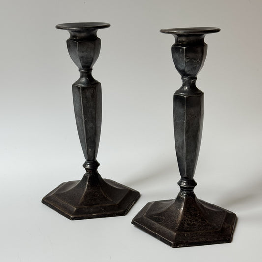 Vintage Patinaed Silver-Plated Candlesticks | Set of 2