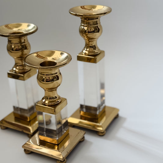 Vintage Lucite & Brass Candlestick Trio