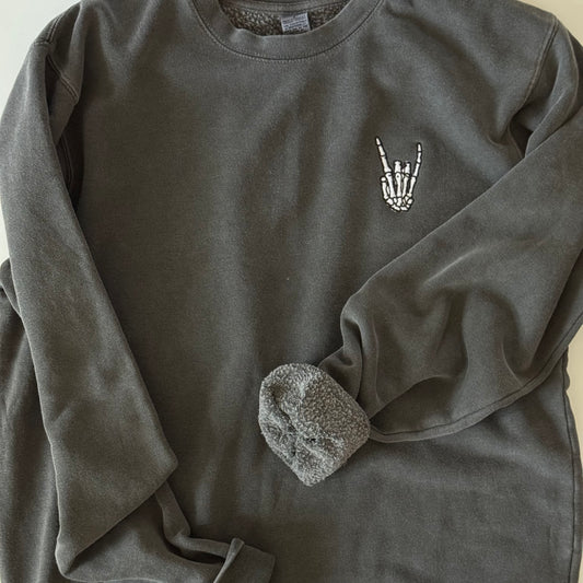 Skeleton Hand Embroidered Crew | Charcoal